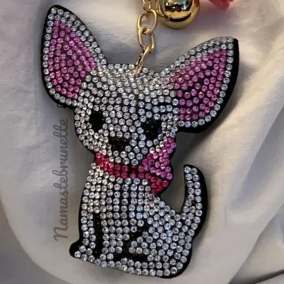 Chihuahua Dog Crystal Rhinestone Keychain Bag Charm With Black Tassel - Picture 15 of 17